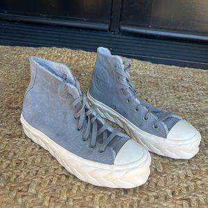 Women’s limited edition high top converse, grey suede with braided bottom.